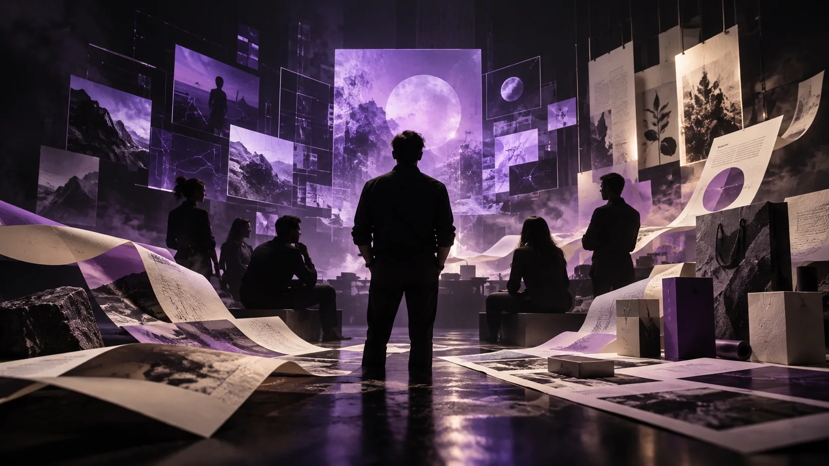 Compoziție artistică BOLD MARKETING: siluetă de lider și echipă într-un spațiu întunecat, între ecrane digitale violete și materiale tipărite luminoase.