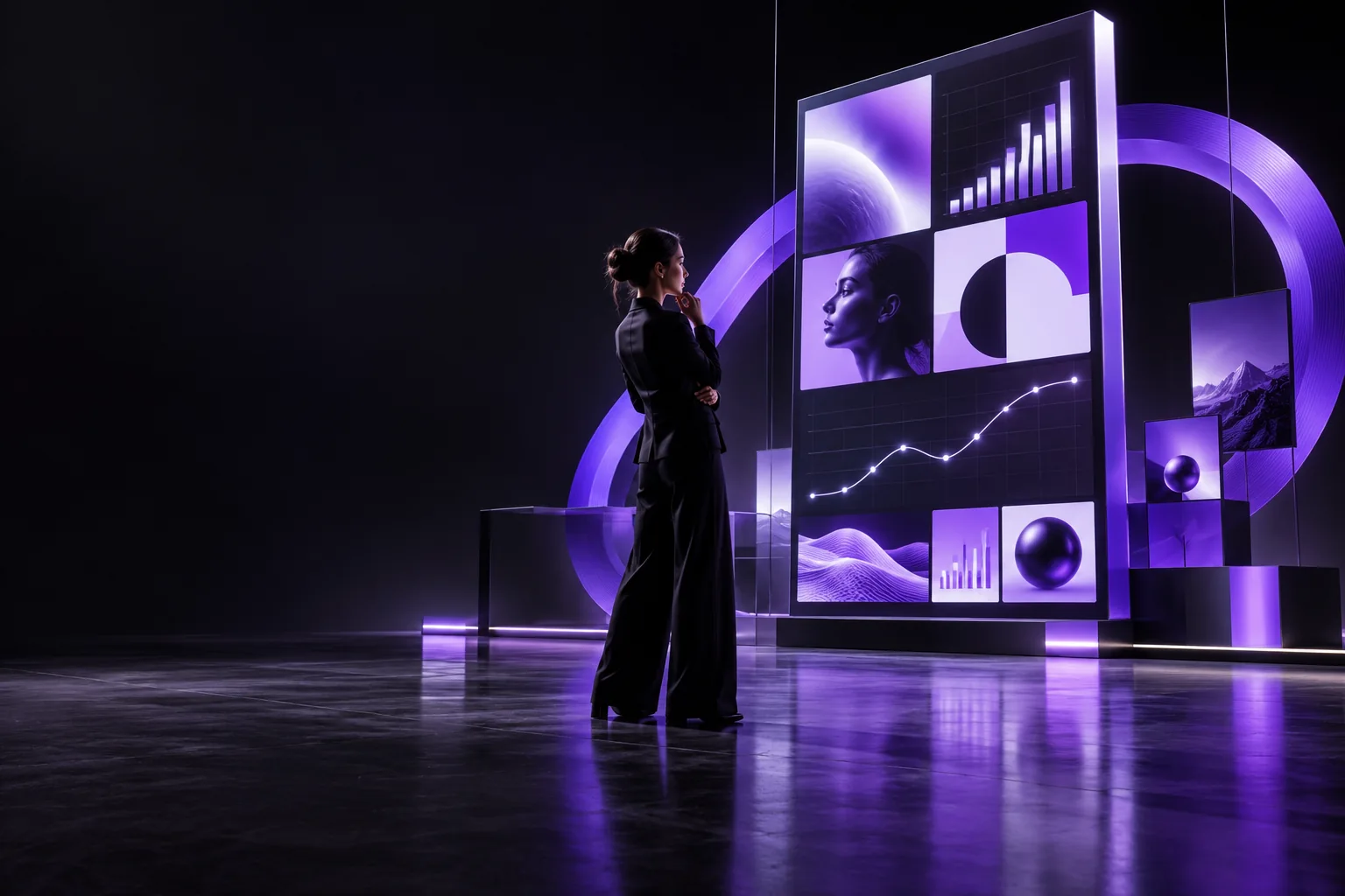 Concept digital BOLD MARKETING cu ecrane de campanie și grafic violet